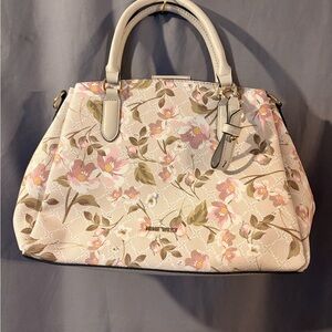 Nine West Ivory Pink Floral Print Logo Accent Satchel Top Handle Bag Women’s